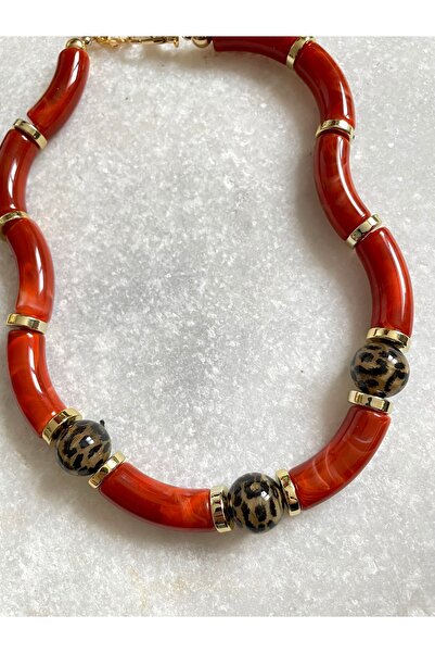 By Selen Suyolcu Kemik Leopar Desenli Gold Detaylı Kadın Kolye