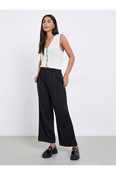Styli Black Twill Wide Leg Trousers with Double Pleat Detail