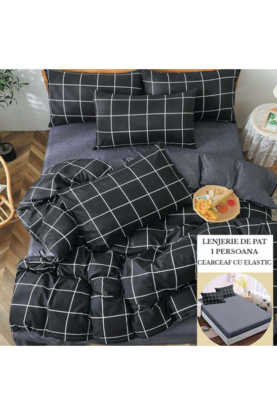 Patul Lenjerie de Pat, Bumbac Satinat, Pat Single, 1 Persoana, 4 Piese, Cearceaf cu elastic