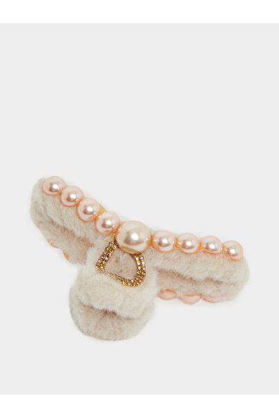Styli Beige Faux Fur Pearl Hair Claw