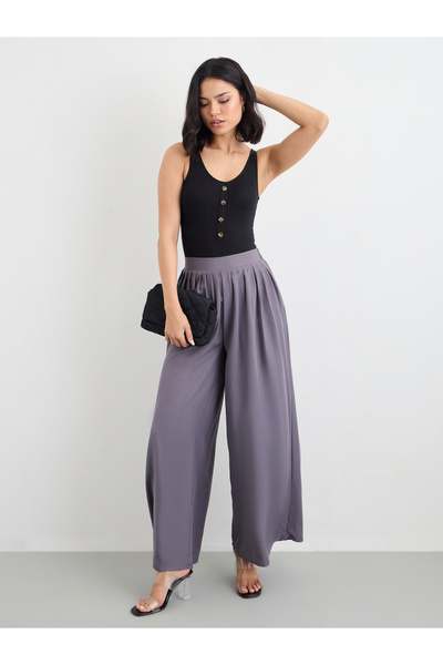 Styli Flowy Wide Leg Pants with Half Elastic Waistband