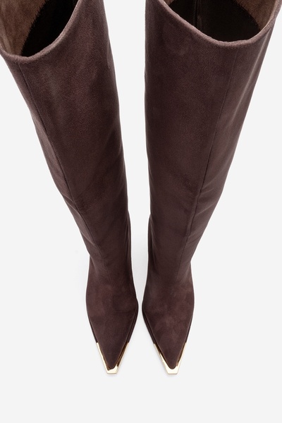 LuviShoes Γυναικείες μπότες με τακούνι LEXA καφέ σουέντ με χρυσή λεπτομέρεια με μυτερή μύτη
