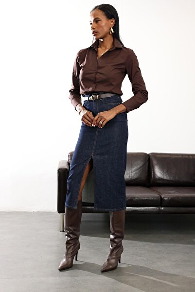 5in1Canpolat Πουκάμισο εφαρμοστό με καφέ λεπτομέρεια με σφιγκτήρα 018