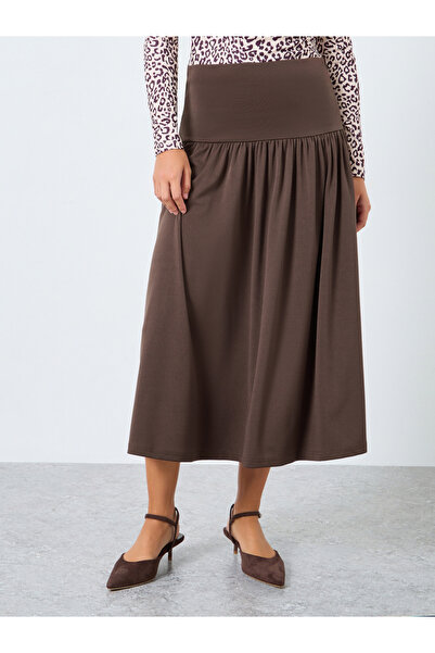 Styli Brown Drop Waist A-Line Midi Skirt