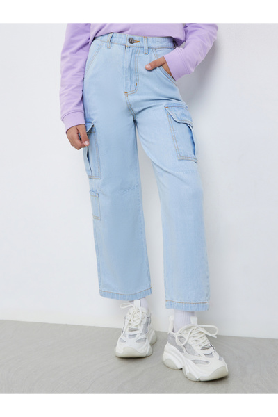 Styli Teens Blue Cotton Straight Leg Cargo Jeans