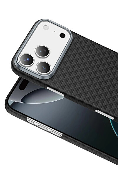 m.tk moveteck Apple iPhone 17 Pro Kılıf Magsafe Şarjlı Süper İnce Aramid Karbon Fiber Paris Desen Kevlar Kapak