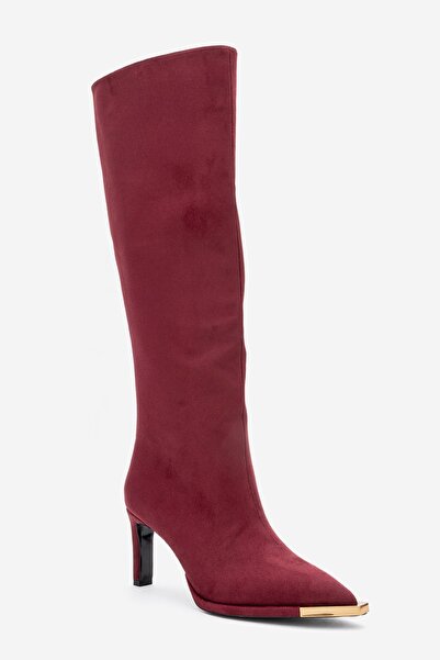 LuviShoes LEXA Bordo Süet Altın Detaylı Sivri Burunlu Kadın Topuklu Çizme