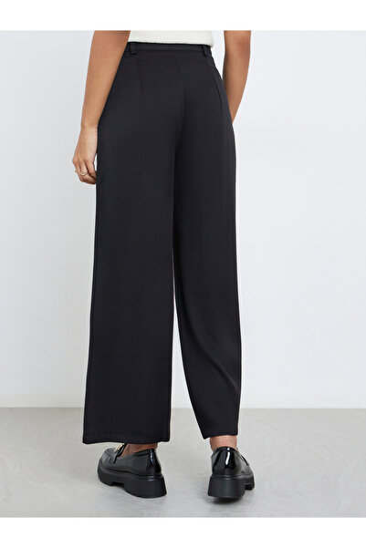 Styli Black Twill Wide Leg Trousers with Double Pleat Detail
