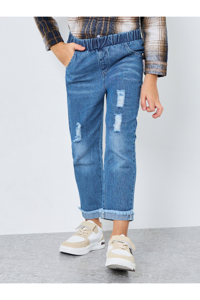 Styli Blue Distressed Straight Fit Jeans with Elasticated Wasitband