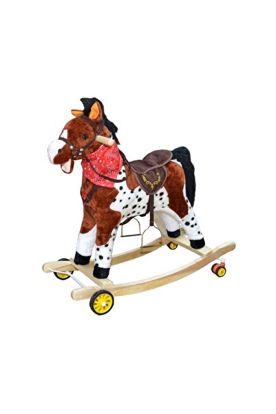 Robentoys Κουνιστό αλογάκι, ξύλο + βελούδο, με ρόδες, καφέ+λευκό, 71 εκ.