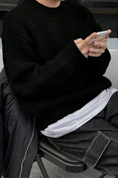 Tarz Cool Men's Black Regular Fit Crew Neck Braided Knitwear