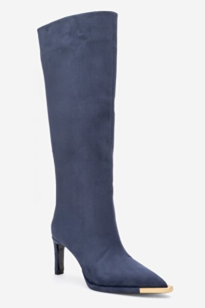 LuviShoes LEXA Синій замшевий жіночий чобіт на підборах із золотими деталями та гострим носком
