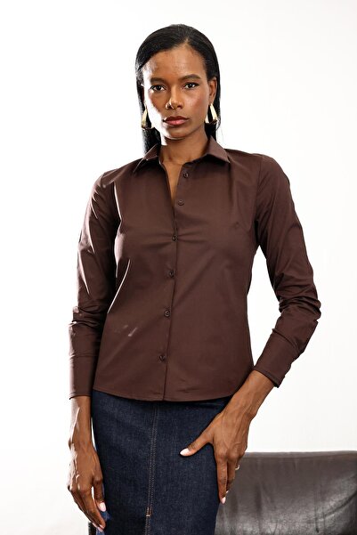 5in1Canpolat Πουκάμισο εφαρμοστό με καφέ λεπτομέρεια με σφιγκτήρα 018