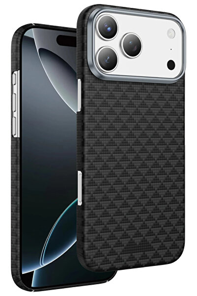 m.tk moveteck Apple iPhone 17 Pro Kılıf Magsafe Şarjlı Süper İnce Aramid Karbon Fiber Paris Desen Kevlar Kapak