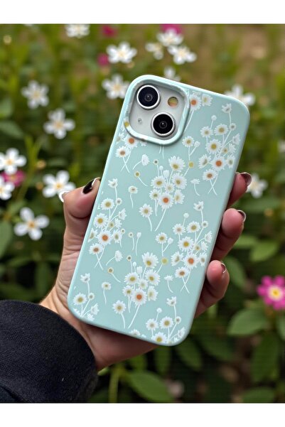 KVK PRİVACY iPhone 13/14/15 Uyumlu Papatya Desenli Yeşil Lansman Liquid Silik...