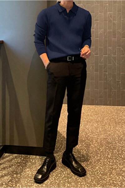 Tarz Cool Navy Blue Men's Polo Neck Ribbed Knitwear Sweater