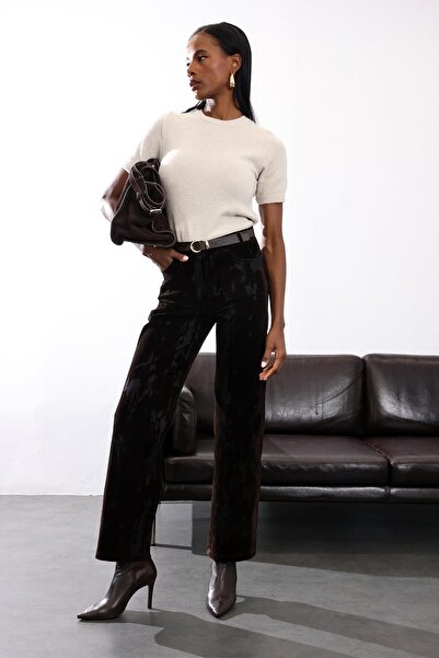 5in1Canpolat Brown Velvet Blended Straight Cut Trousers