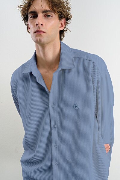 GIESTO Oversized Dressed-Up Velvet Blue Shirt