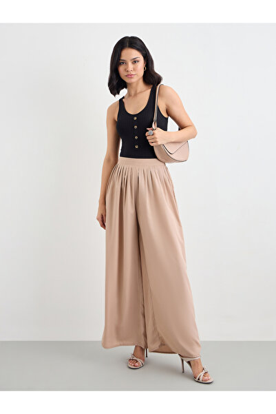 Styli Flowy Wide Leg Pants with Half Elastic Waistband