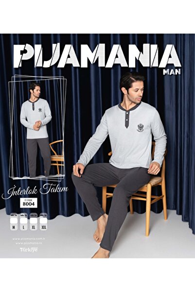 HATEX Men's Interlock Collar Buttoned Long Sleeve Pajama Set