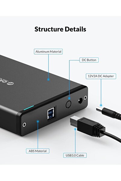 Orico 3.5" External Hard Drive Enclosure USB 3.0 Aluminum SATA HDD/SSD Case with 12V 2A Adapter & Ve