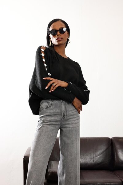 5in1Canpolat Black Accessory Detailed Knitwear Sweater 4688