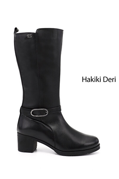 GÖNDERİ(R) Women / Girls Black Thick Heeled Genuine Leather Boots