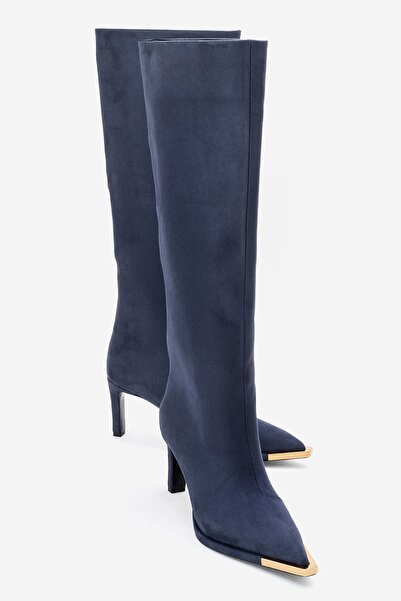 LuviShoes LEXA Синій замшевий жіночий чобіт на підборах із золотими деталями та гострим носком