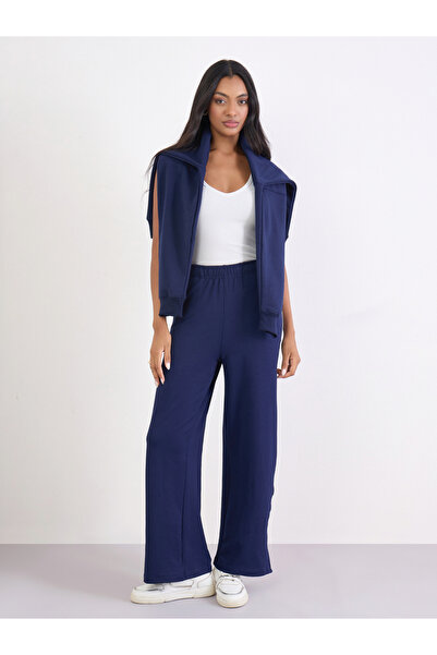 Styli Navy Wide Leg Joggers with Side Taping Detail