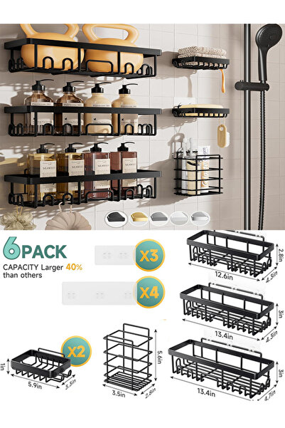 Generic مجموعة من 6 رفوف استحمام، منظم حمام مقاوم للصدأ ومقاوم للماء مثبت على الحائط