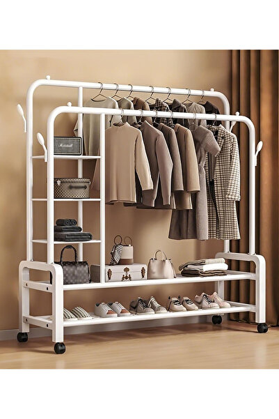 Topone1Topone1 White metal coat hanger with double-layer storage shelf and three compartments