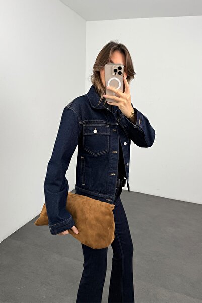 5in1Canpolat Navy Blue Denim Jacket with Stitching Detail