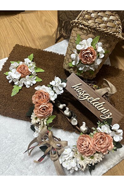 Marrone Kuşlu Kapı Süsü Sepet Ve Paspas 3'lü Set