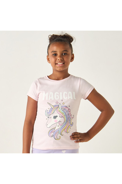 Juniors Unicorn Print Short Sleeves T-shirt and All-Over Heart Print Pyjama Set