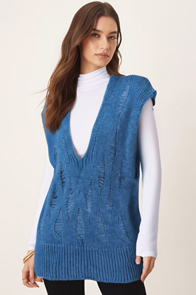 armonika Women's Blue V-Neck Knitwear Sweater Arm-26K136014