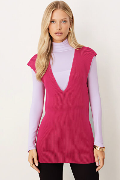 armonika Women's Fuchsia V-Neck Thessaloniki Knitwear Sweater Arm-26K136005