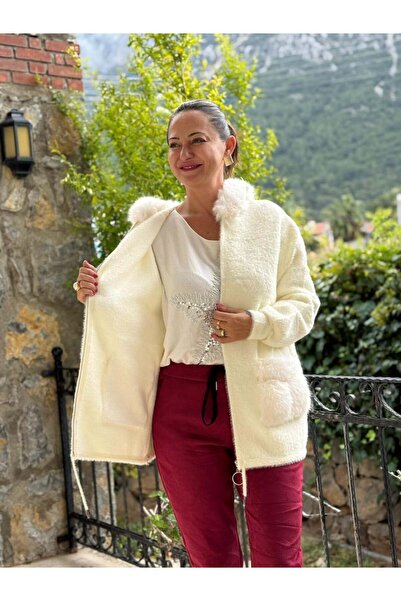 Punta Otantik Pt10665 Hooded Pocket Fur-Lined Italian Angora Coat Ecru