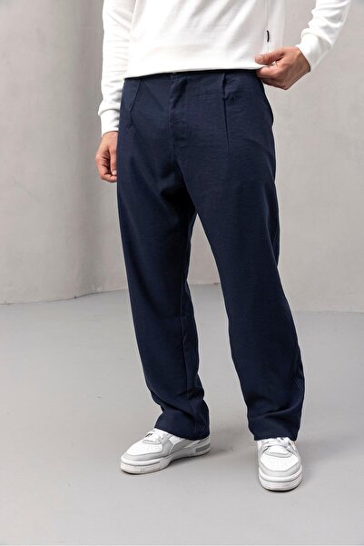 Valiberta Wilder Soft Modal Fabric Comfortable Fit Pleated Men's Trousers - Navy Blue