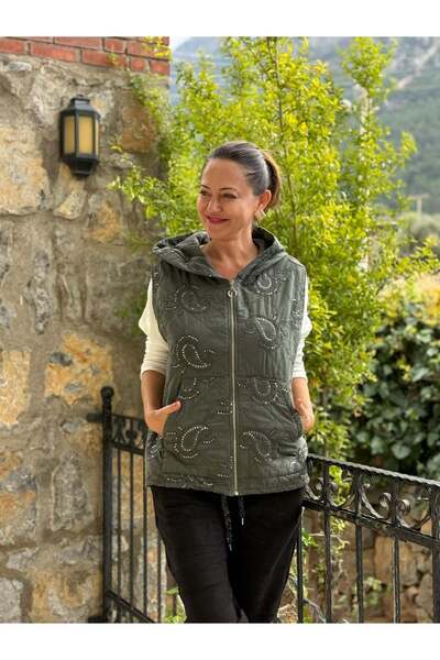 Punta Otantik Nc65588 Shawl Pattern Sequin Quilted Italian Vest Khaki