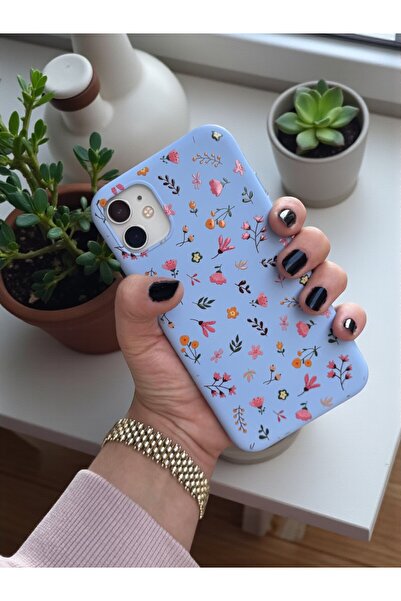 KVK PRİVACY iPhone 12 Uyumlu Mavi Çiçek Desenli Lansman Liquid Silikon Kılıf