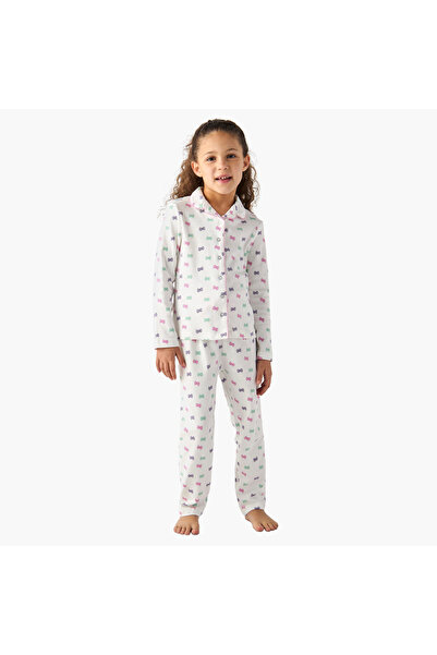 Juniors All-Over Bow Print Long Sleeves Shirt and Pyjama Set