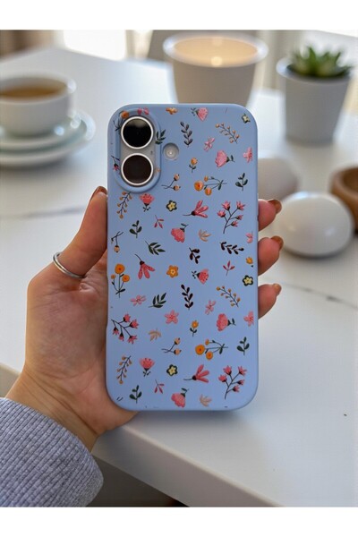 KVK PRİVACY iPhone 17 Uyumlu Mavi Çiçek Desenli Lansman Liquid Silikon Kılıf