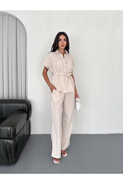 MsLena Butik Beige Belted Linen Look Two-Piece Women's Set – Shirt & Wide-Leg Pants Noa675-2099