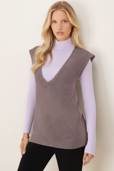 armonika Women's Stone V-Neck Thessaloniki Knitwear Sweater Arm-26K136005