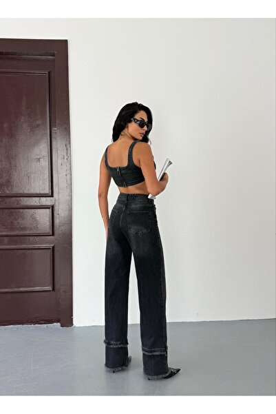 Zeo Basic Women's High Waist Wide Leg (Leg Detail) Black Denim Trousers Wide Leg Jean