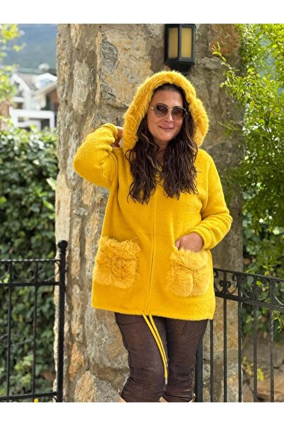 Punta Otantik Pt10665 Hooded Pocket Fur-Lined Italian Angora Coat Mustard