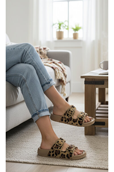 Hızlı Al Leopard Printed Fur Fabric Winter Slippers. Winter Buckled Women's Slippers