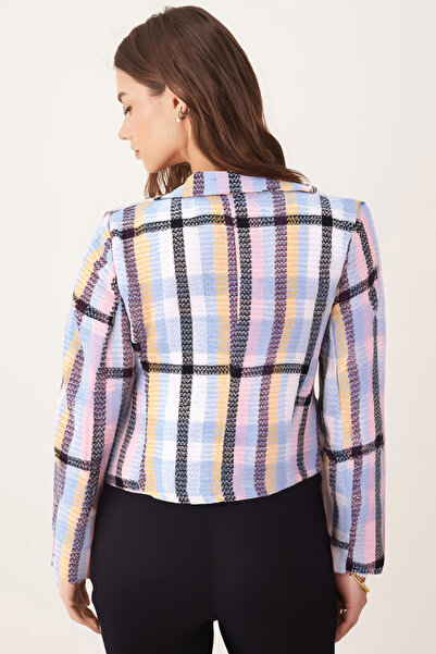 armonika Women's Powder-Blue Double-Breasted Collar Tweed Crop Jacket Arm-24K001014