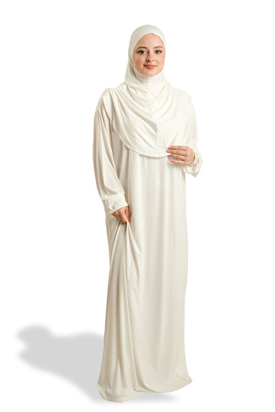 HÜRREM BONE Cream One Piece Prayer Dress Viscose Plain 2503_40