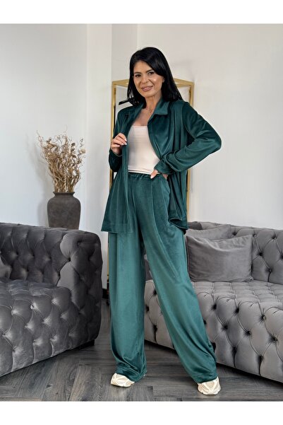 RAMONA BADESCU EXCLUSIVE Women's soft velvet suit - loose shirt and wide trousers